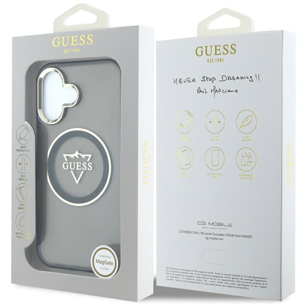 Futrola MagSafe za Apple iPhone 16, Guess, IML Metal Mountain Logo, Crna