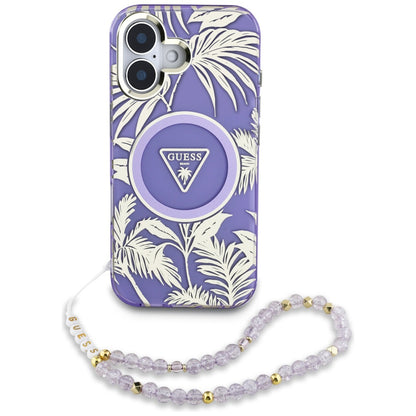 Husa MagSafe za Apple iPhone 16, Guess, IML Palm Trees Triangle with Pearl Strap, Ljubičasta