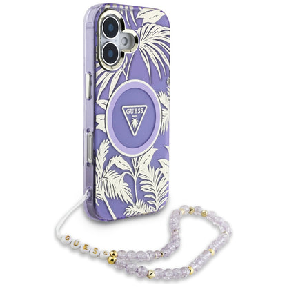Husa MagSafe za Apple iPhone 16, Guess, IML Palm Trees Triangle with Pearl Strap, Ljubičasta