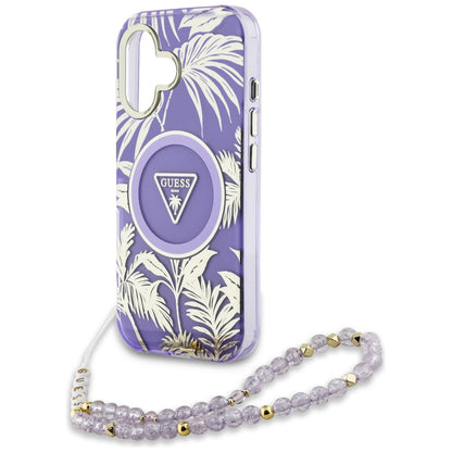Husa MagSafe za Apple iPhone 16, Guess, IML Palm Trees Triangle with Pearl Strap, Ljubičasta