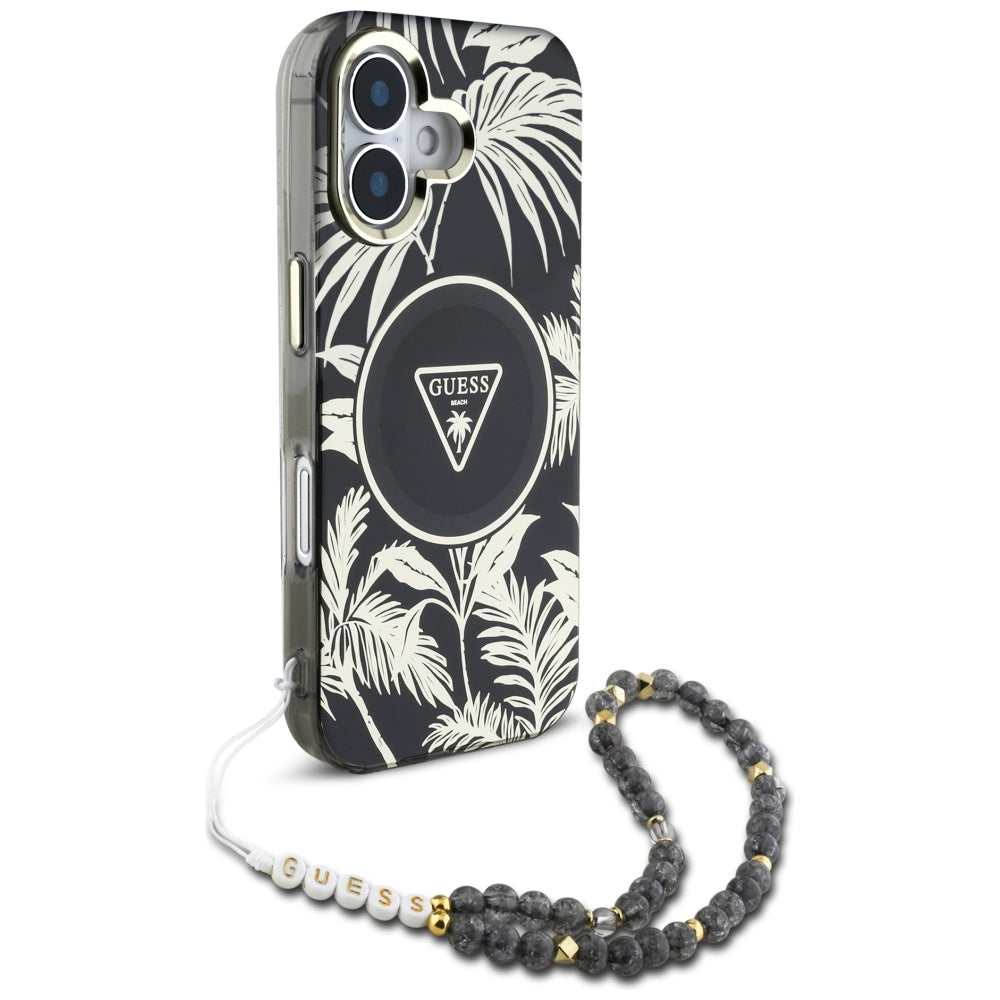 Futrola MagSafe za Apple iPhone 16, Guess, IML Palm Trees Triangle with Pearl Strap, Crna