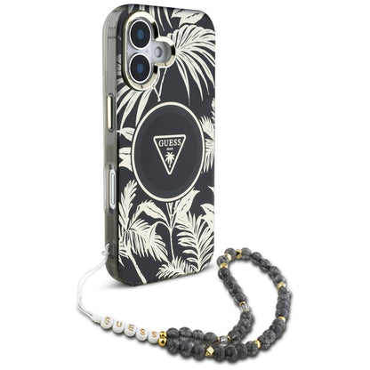 Futrola MagSafe za Apple iPhone 16, Guess, IML Palm Trees Triangle with Pearl Strap, Crna