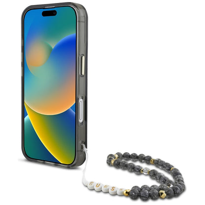 Futrola MagSafe za Apple iPhone 16, Guess, IML Palm Trees Triangle with Pearl Strap, Crna