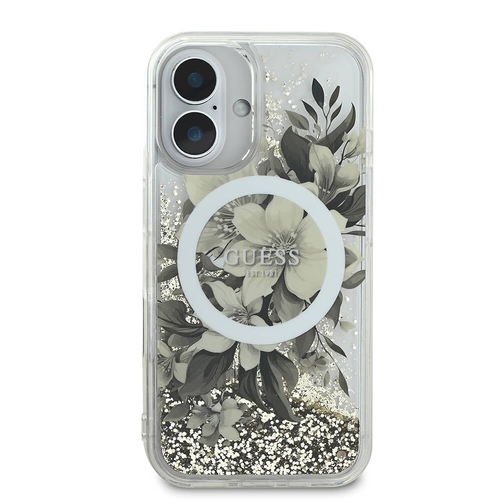 Futrola MagSafe za Apple iPhone 16, Guess, Liquid Glitter Flower, Bež