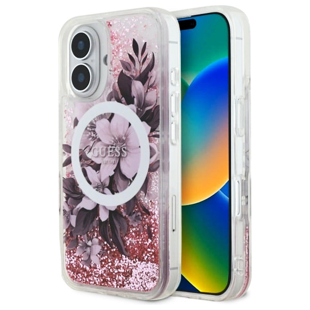 Futrola MagSafe za Apple iPhone 16, Guess, Liquid Glitter Flower, Roze