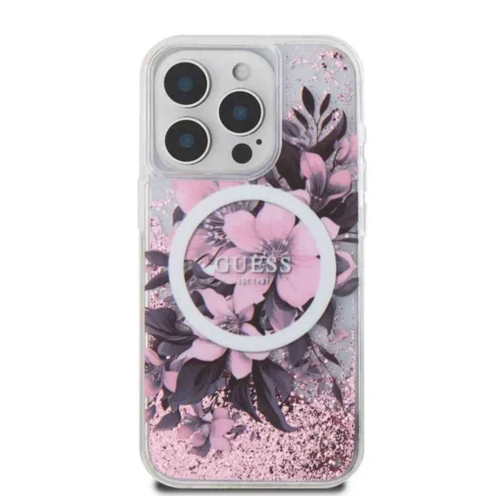 Futrola MagSafe za Apple iPhone 16, Guess, Liquid Glitter Flower, Roze