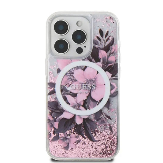 Futrola MagSafe za Apple iPhone 16, Guess, Liquid Glitter Flower, Roze