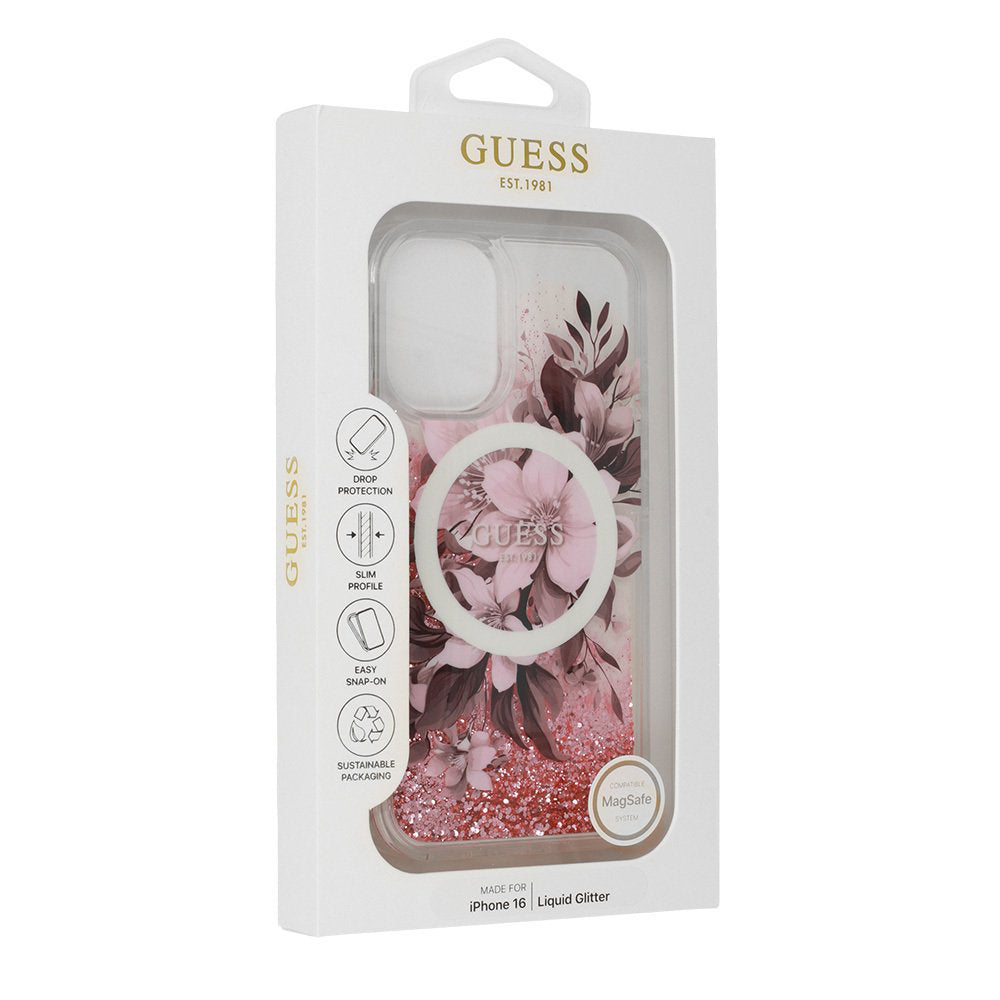 Futrola MagSafe za Apple iPhone 16, Guess, Liquid Glitter Flower, Roze