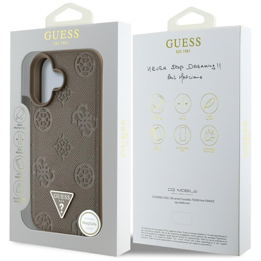 Futrola MagSafe za Apple iPhone 16, Guess, Peony Grained Hot Stamp Triangle, Braon