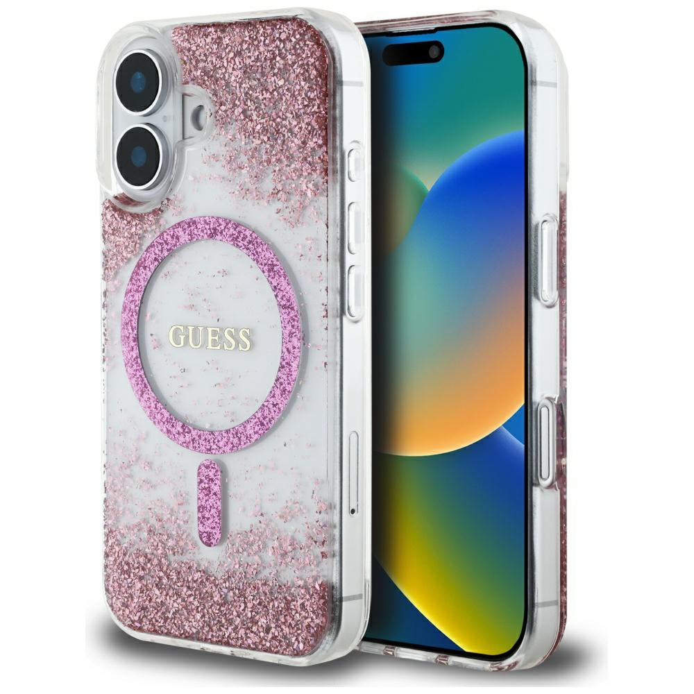 Futrola MagSafe za Apple iPhone 16, Guess, Resin Bottom Glitter, Roze