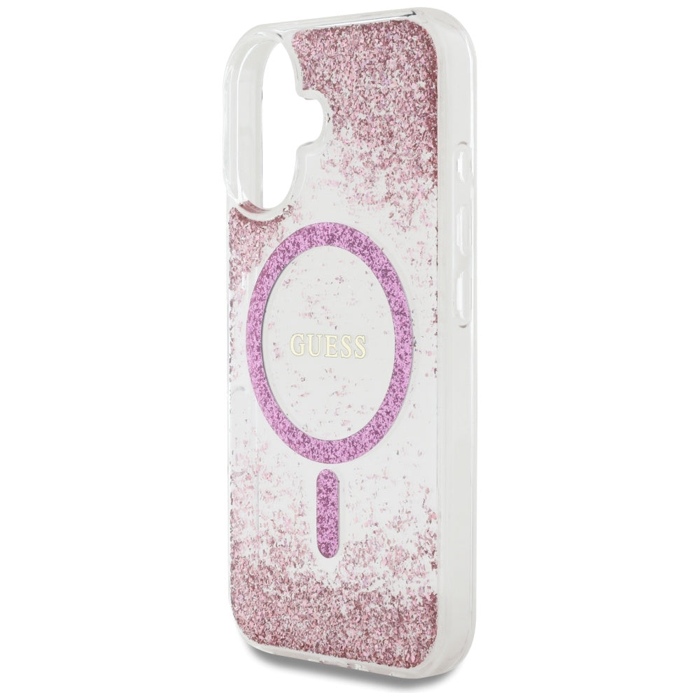Futrola MagSafe za Apple iPhone 16, Guess, Resin Bottom Glitter, Roze