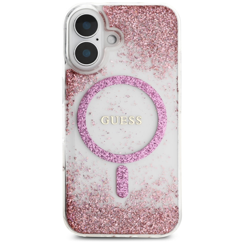 Futrola MagSafe za Apple iPhone 16, Guess, Resin Bottom Glitter, Roze