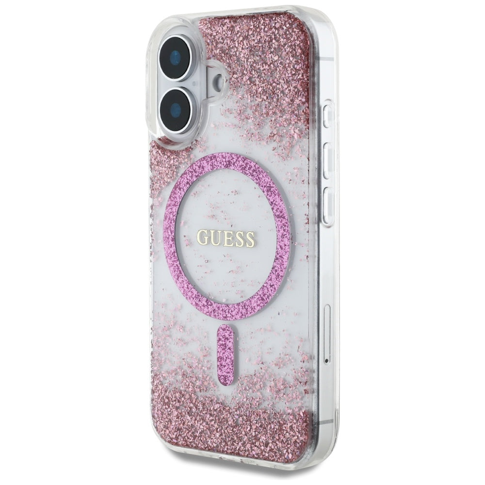 Futrola MagSafe za Apple iPhone 16, Guess, Resin Bottom Glitter, Roze