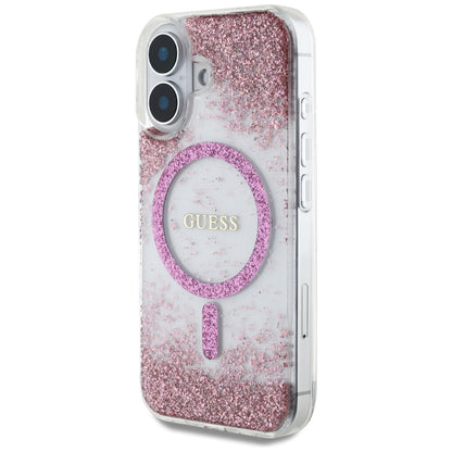 Futrola MagSafe za Apple iPhone 16, Guess, Resin Bottom Glitter, Roze