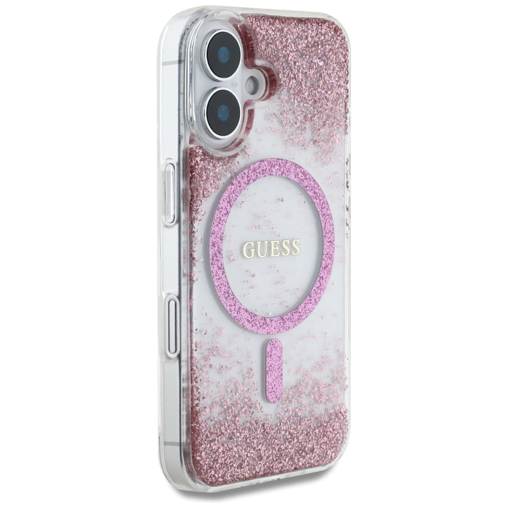 Futrola MagSafe za Apple iPhone 16, Guess, Resin Bottom Glitter, Roze