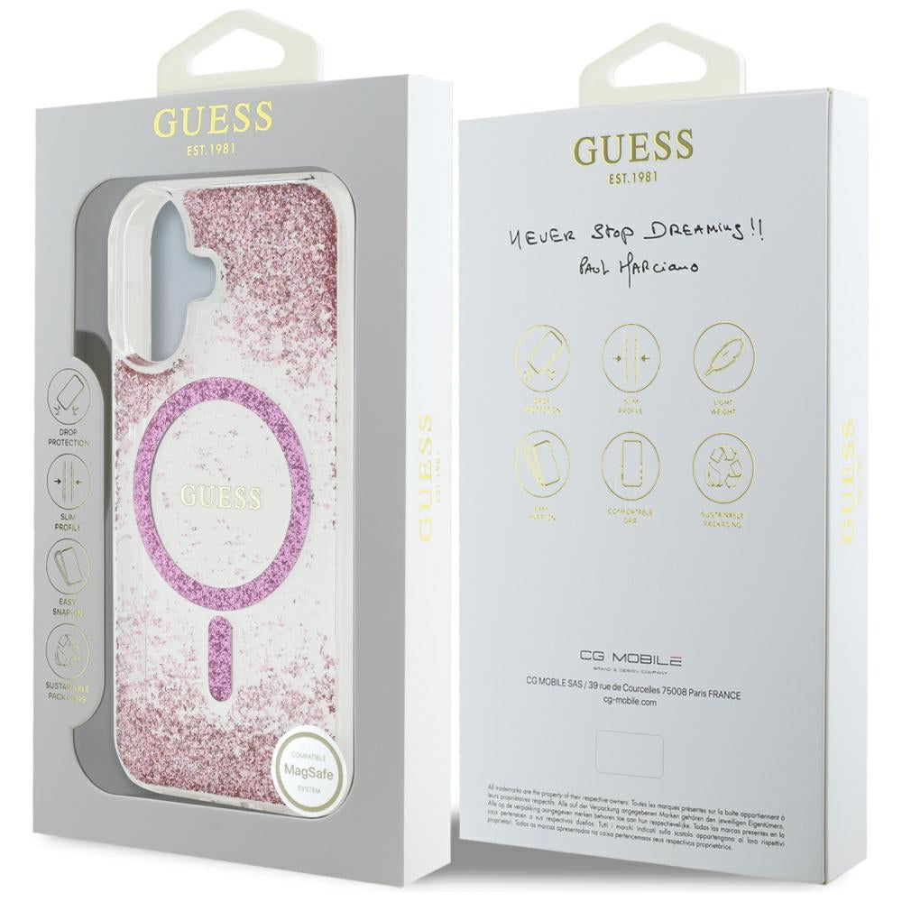 Futrola MagSafe za Apple iPhone 16, Guess, Resin Bottom Glitter, Roze
