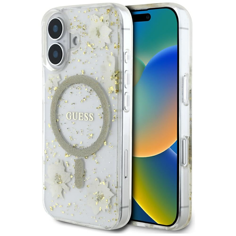 Husa MagSafe za Apple iPhone 16, Guess, Resin Flowers and Glitter, Bež