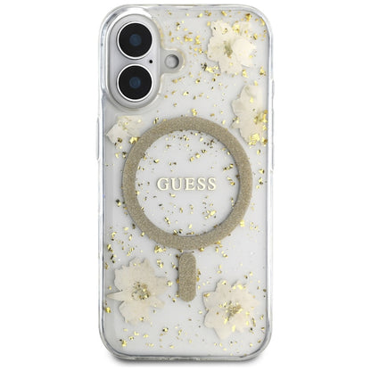 Husa MagSafe za Apple iPhone 16, Guess, Resin Flowers and Glitter, Bež