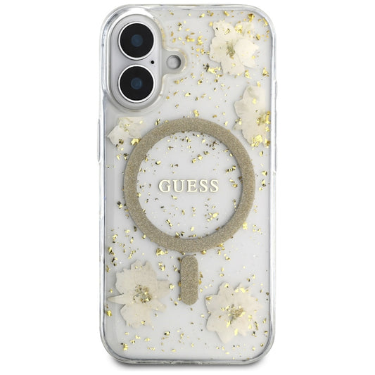 Husa MagSafe za Apple iPhone 16, Guess, Resin Flowers and Glitter, Bež