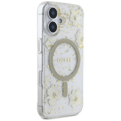 Husa MagSafe za Apple iPhone 16, Guess, Resin Flowers and Glitter, Bež