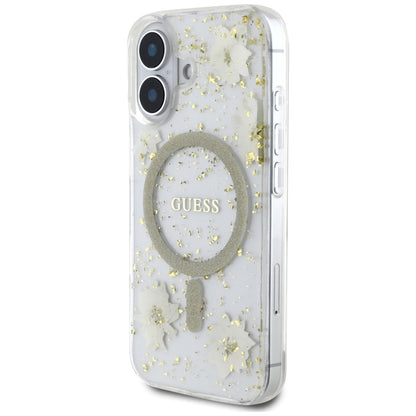 Husa MagSafe za Apple iPhone 16, Guess, Resin Flowers and Glitter, Bež