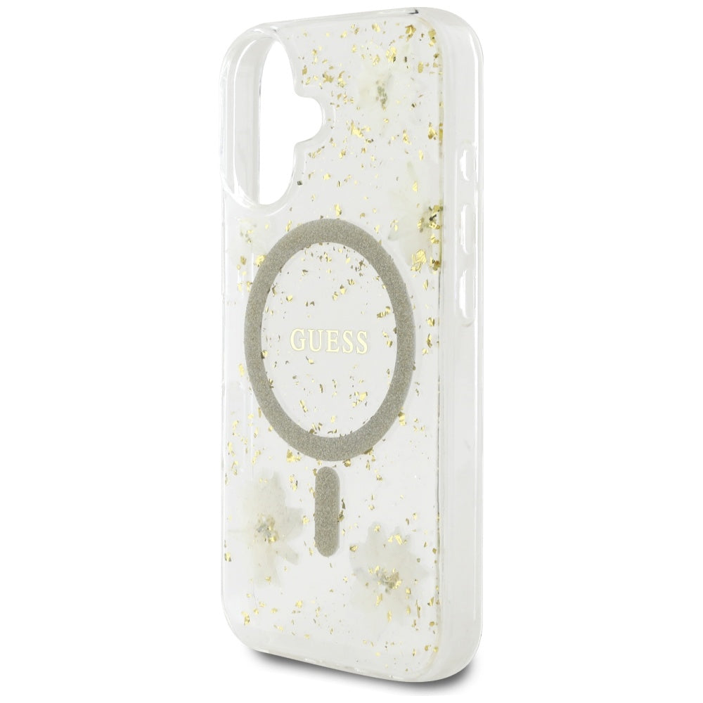 Husa MagSafe za Apple iPhone 16, Guess, Resin Flowers and Glitter, Bež