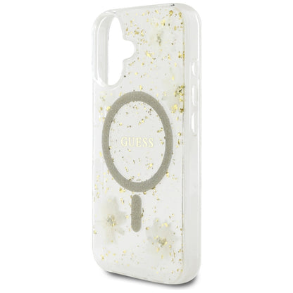 Husa MagSafe za Apple iPhone 16, Guess, Resin Flowers and Glitter, Bež