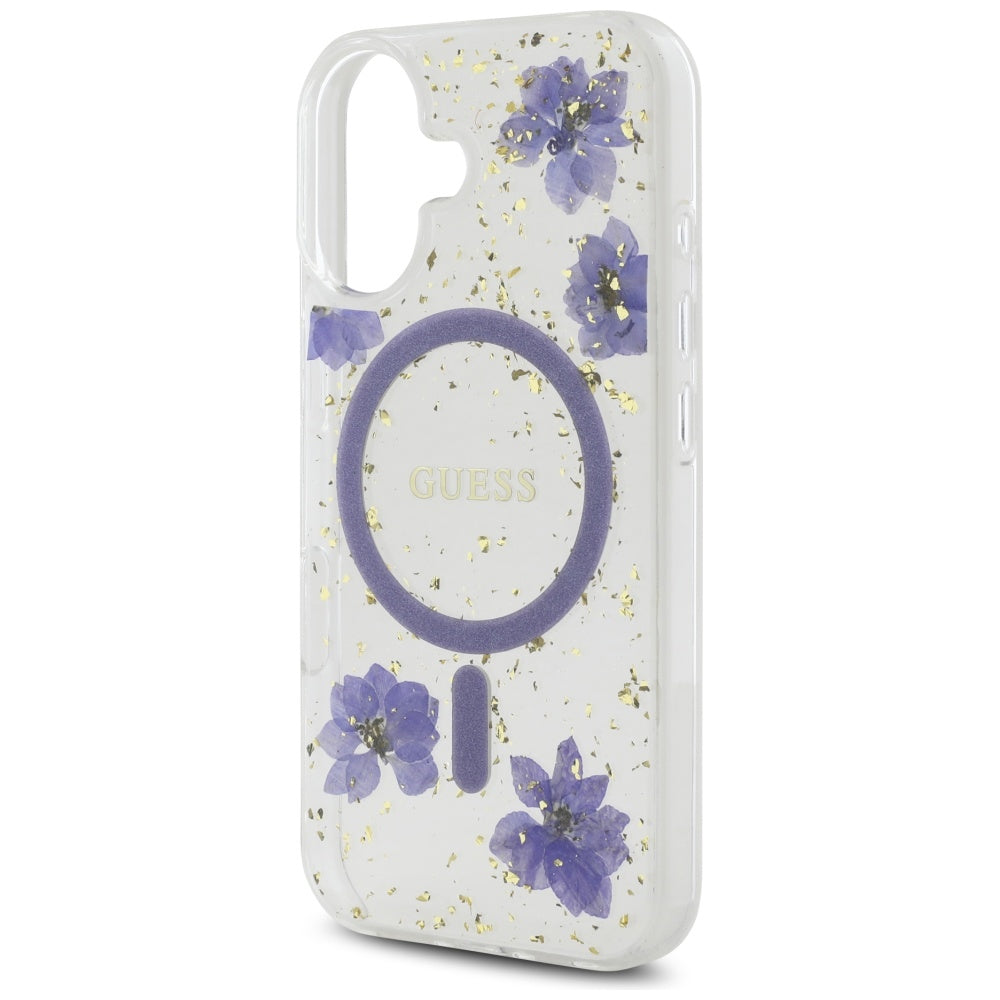 Husa MagSafe za Apple iPhone 16, Guess, Resin Flowers and Glitter, Ljubičasta