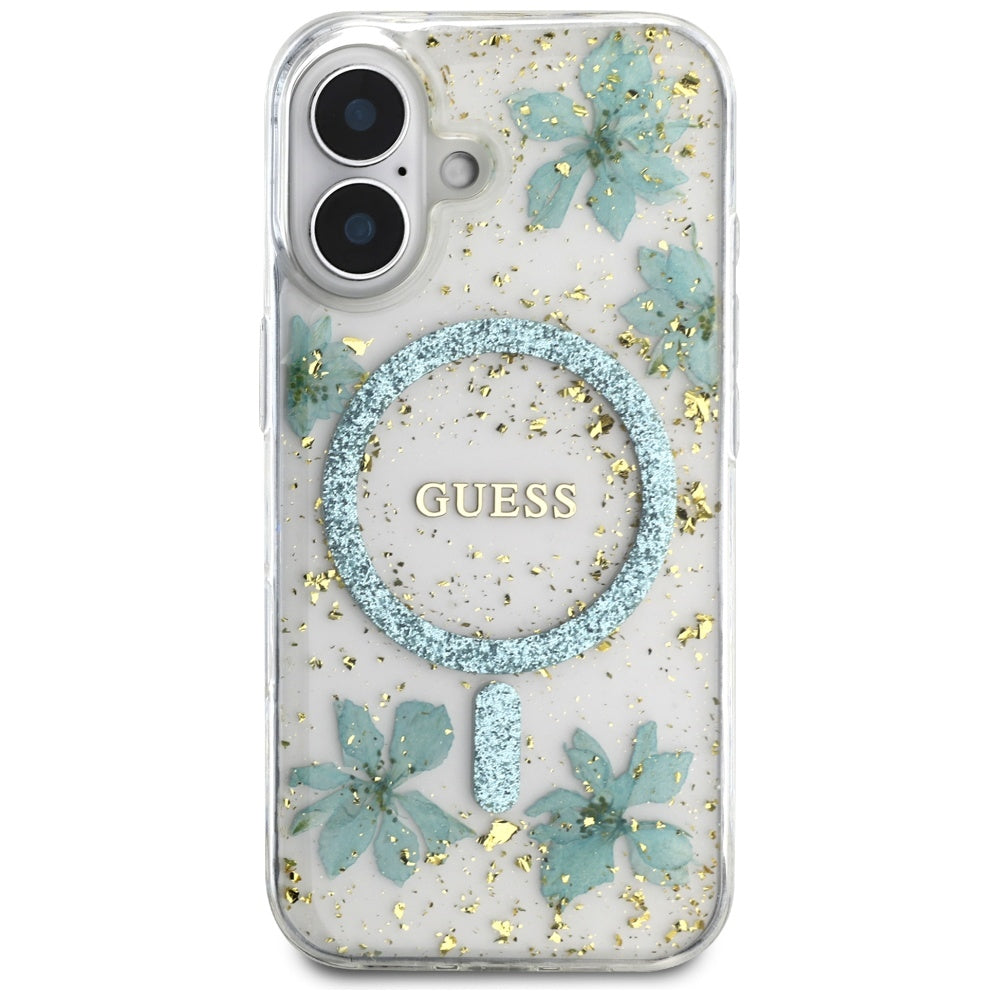 Husa MagSafe za Apple iPhone 16, Guess, Resin Flowers and Glitter, Tirkiz