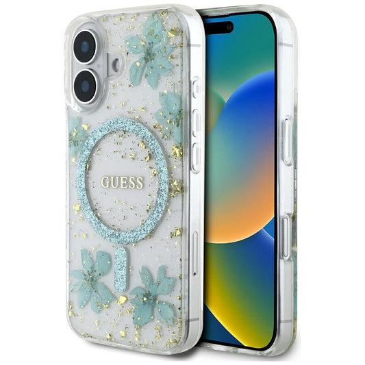 Husa MagSafe za Apple iPhone 16, Guess, Resin Flowers and Glitter, Tirkiz