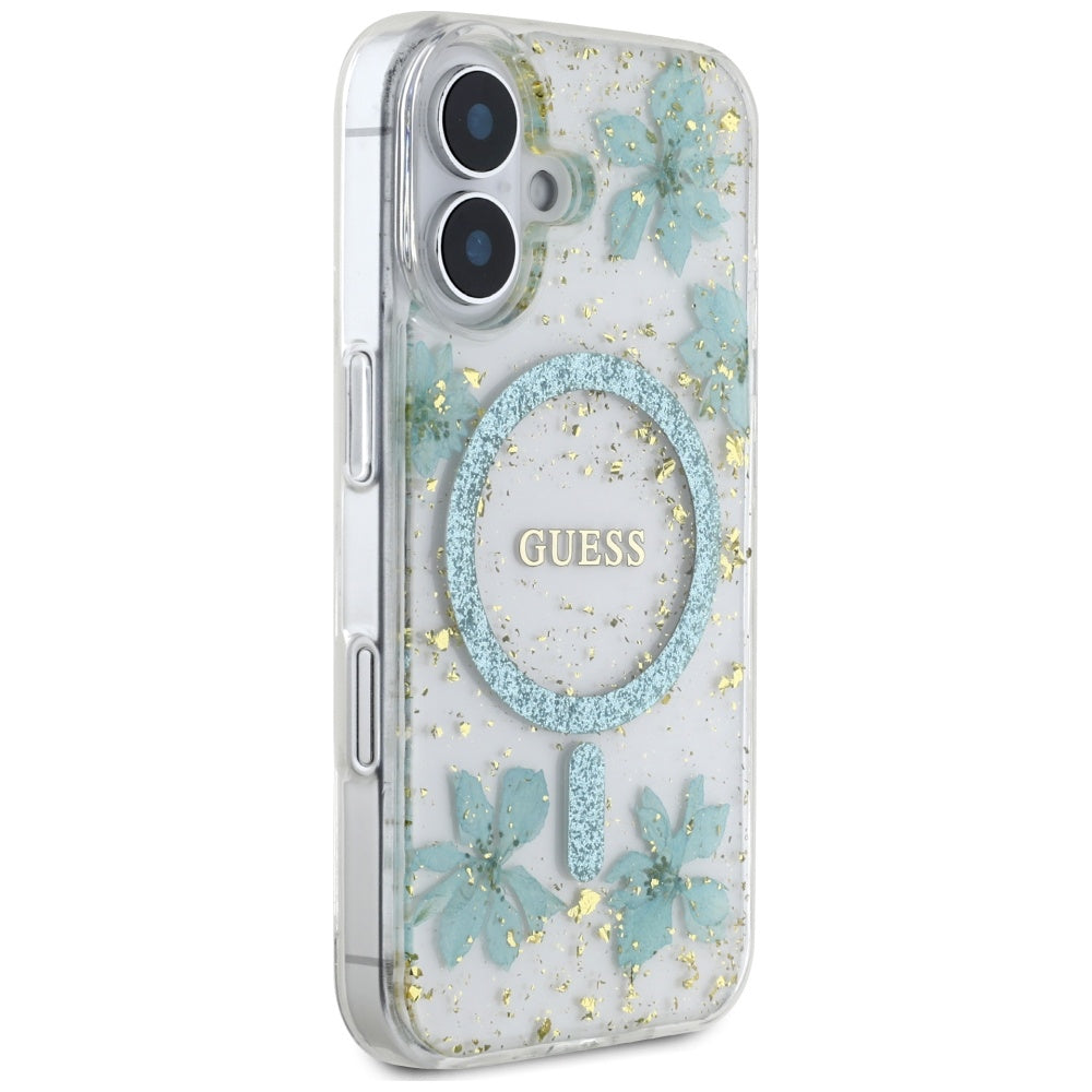Husa MagSafe za Apple iPhone 16, Guess, Resin Flowers and Glitter, Tirkiz