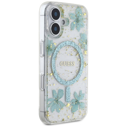 Husa MagSafe za Apple iPhone 16, Guess, Resin Flowers and Glitter, Tirkiz