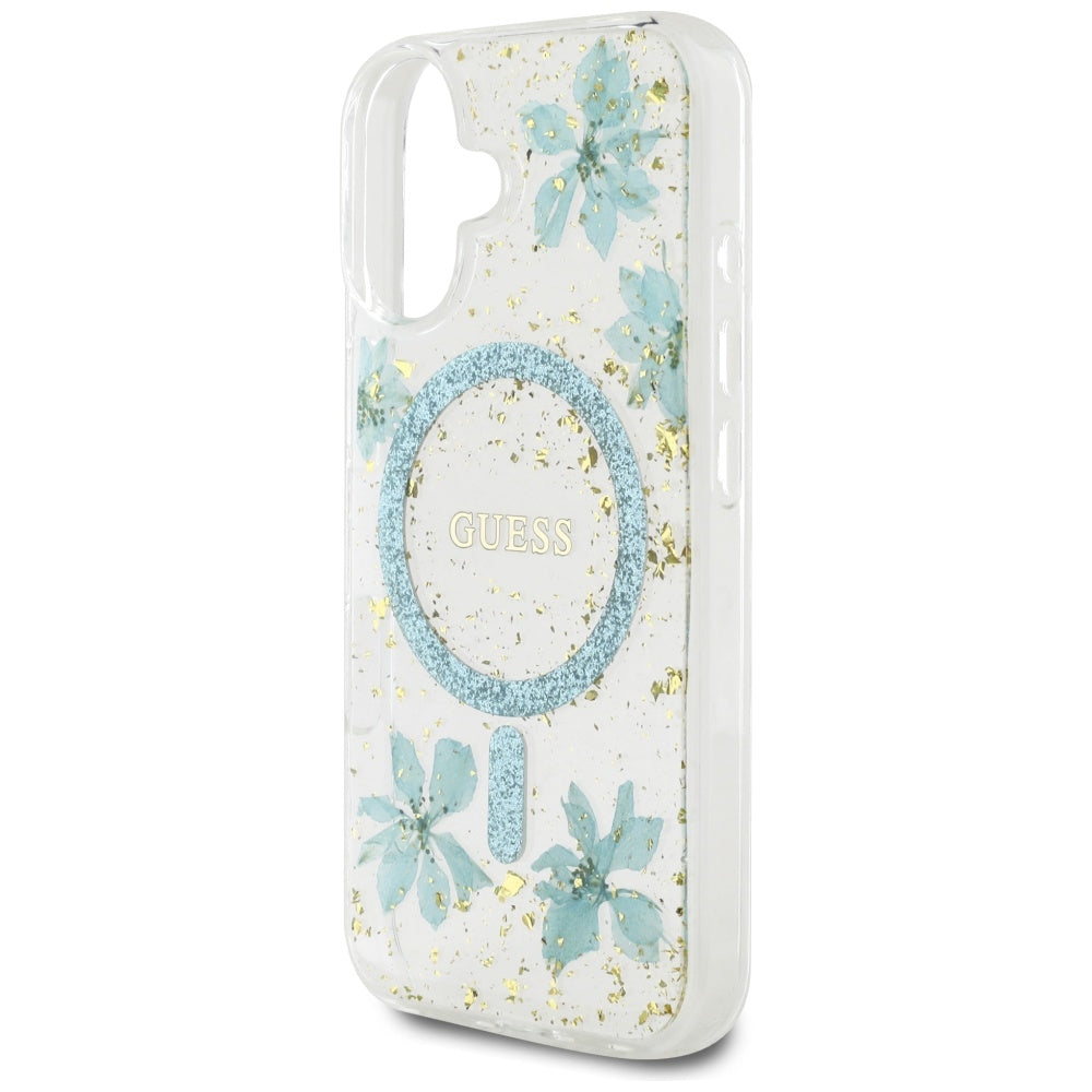 Husa MagSafe za Apple iPhone 16, Guess, Resin Flowers and Glitter, Tirkiz