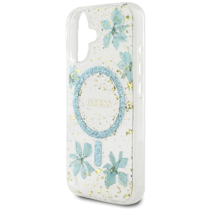 Husa MagSafe za Apple iPhone 16, Guess, Resin Flowers and Glitter, Tirkiz