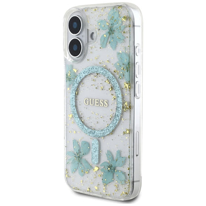 Husa MagSafe za Apple iPhone 16, Guess, Resin Flowers and Glitter, Tirkiz