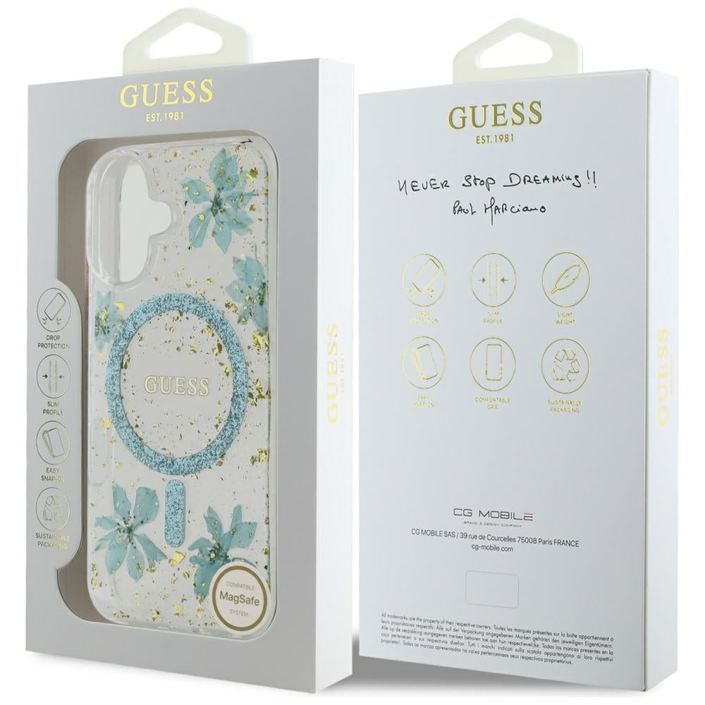 Husa MagSafe za Apple iPhone 16, Guess, Resin Flowers and Glitter, Tirkiz