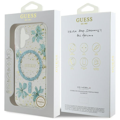 Husa MagSafe za Apple iPhone 16, Guess, Resin Flowers and Glitter, Tirkiz