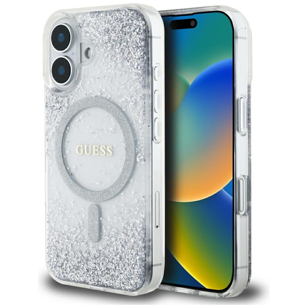 Husa MagSafe za Apple iPhone 16, Guess, Resin Gradient Glitter, Srebrna