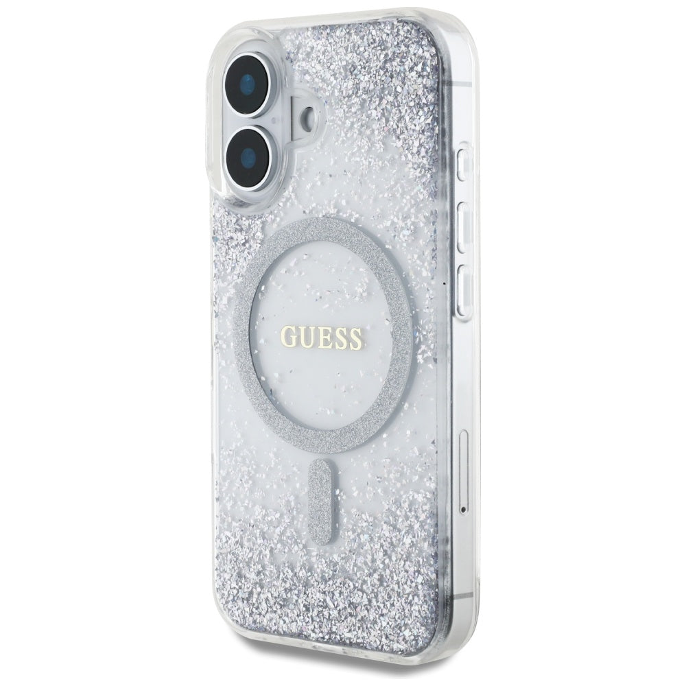 Husa MagSafe za Apple iPhone 16, Guess, Resin Gradient Glitter, Srebrna