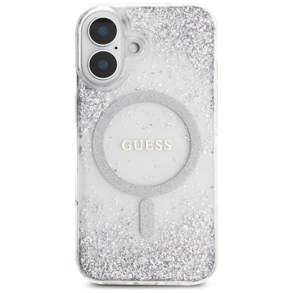 Husa MagSafe za Apple iPhone 16, Guess, Resin Gradient Glitter, Srebrna