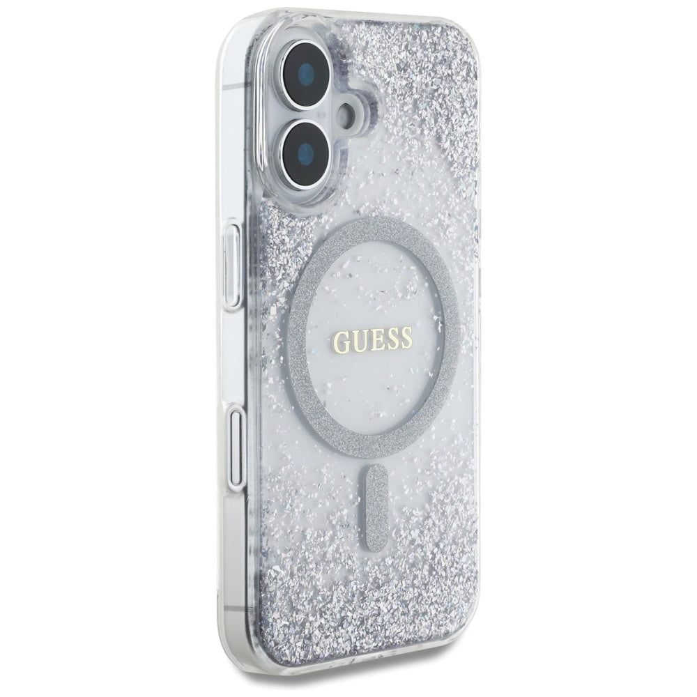 Husa MagSafe za Apple iPhone 16, Guess, Resin Gradient Glitter, Srebrna