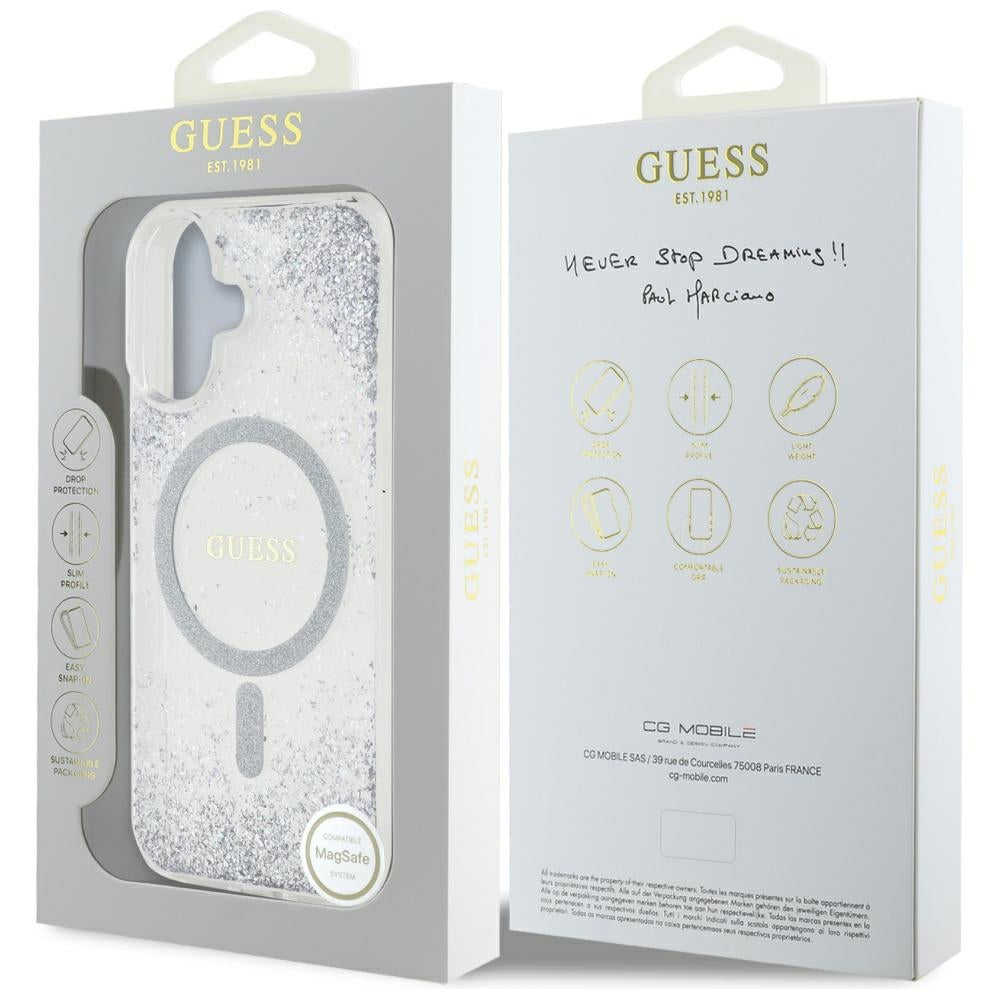 Husa MagSafe za Apple iPhone 16, Guess, Resin Gradient Glitter, Srebrna