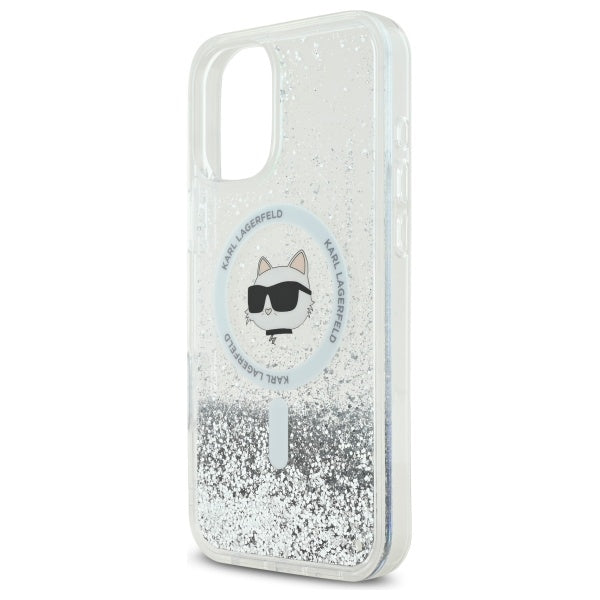 Futrola MagSafe za Apple iPhone 16, Karl Lagerfeld, Glitter Liquid Choupette Head, Transparentna