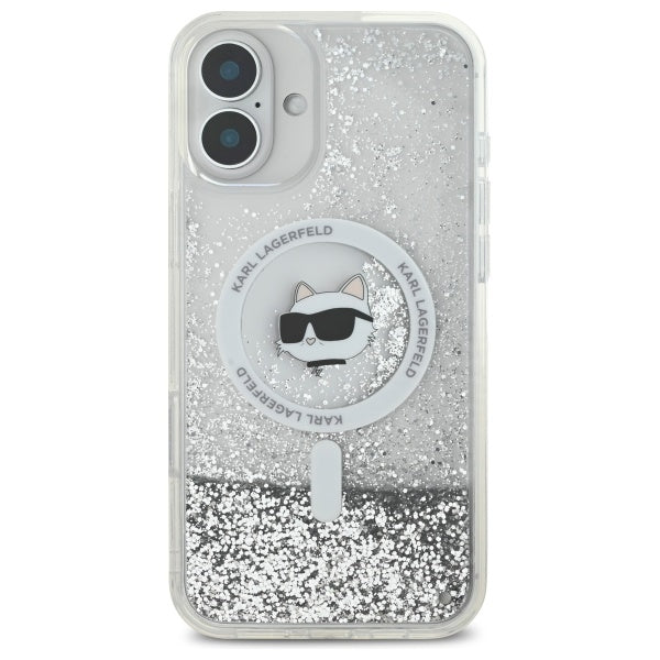 Futrola MagSafe za Apple iPhone 16, Karl Lagerfeld, Glitter Liquid Choupette Head, Transparentna