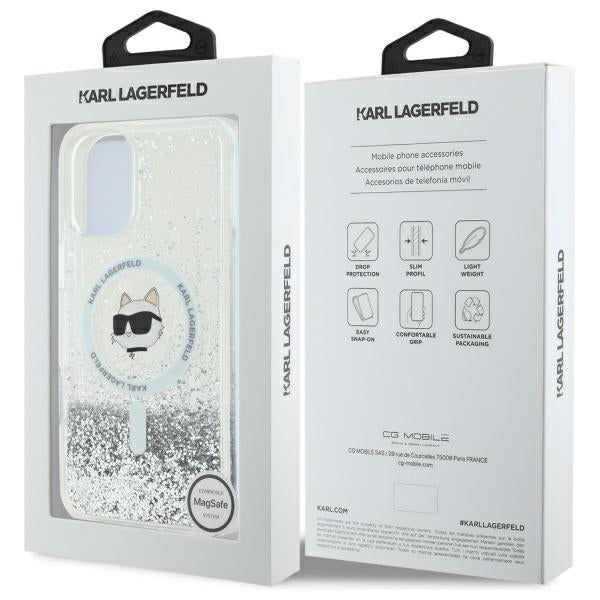 Futrola MagSafe za Apple iPhone 16, Karl Lagerfeld, Glitter Liquid Choupette Head, Transparentna