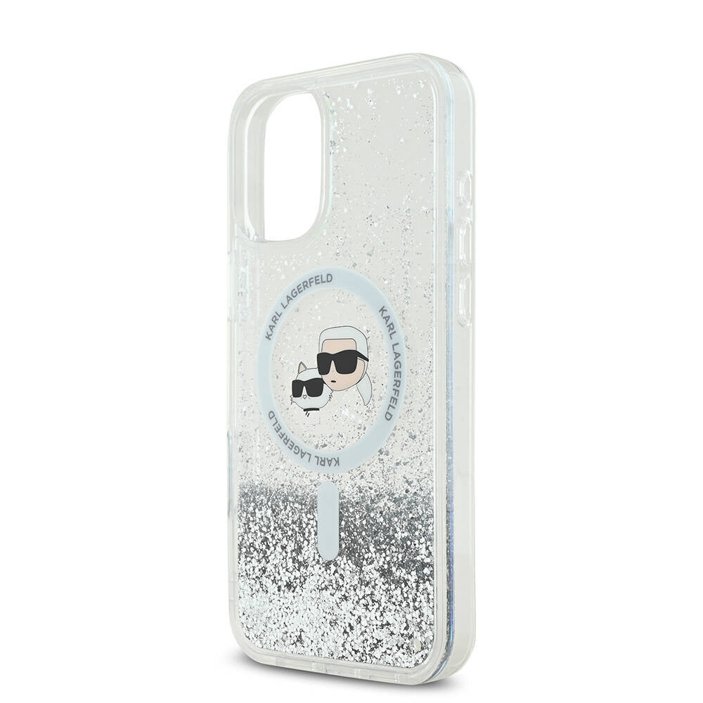 Futrola MagSafe za Apple iPhone 16, Karl Lagerfeld, Glitter Liquid Karl & Choupette' s Heads, Transparentna
