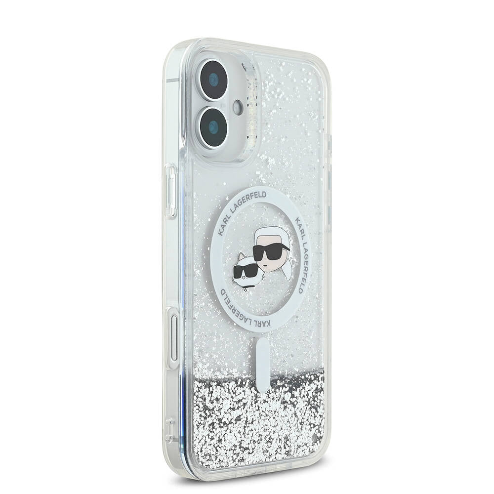 Futrola MagSafe za Apple iPhone 16, Karl Lagerfeld, Glitter Liquid Karl & Choupette' s Heads, Transparentna