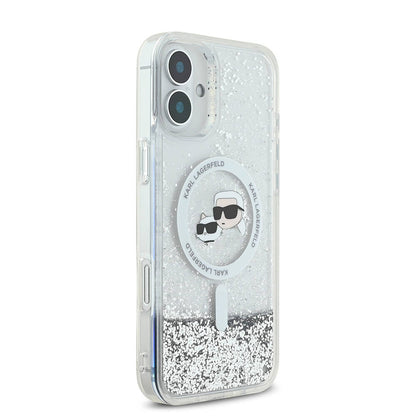 Futrola MagSafe za Apple iPhone 16, Karl Lagerfeld, Glitter Liquid Karl & Choupette' s Heads, Transparentna
