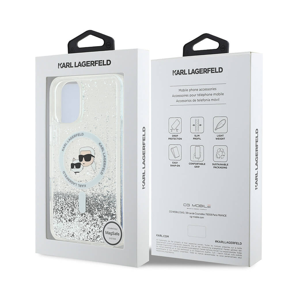 Futrola MagSafe za Apple iPhone 16, Karl Lagerfeld, Glitter Liquid Karl & Choupette' s Heads, Transparentna