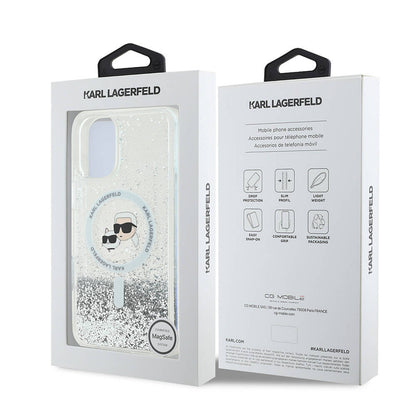 Futrola MagSafe za Apple iPhone 16, Karl Lagerfeld, Glitter Liquid Karl & Choupette' s Heads, Transparentna